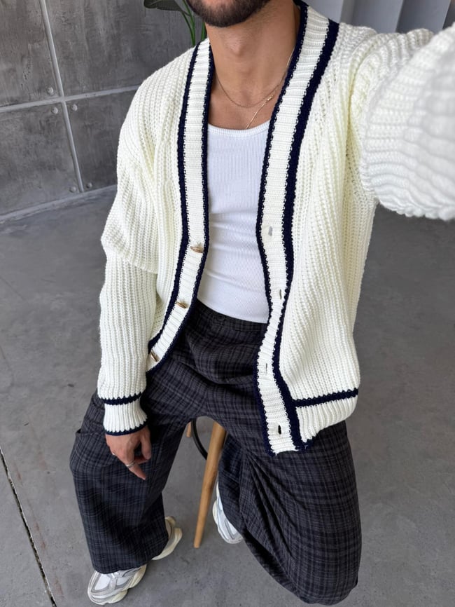 Oversize Old Money Şeritli Örme Hırka Ekru-Laci