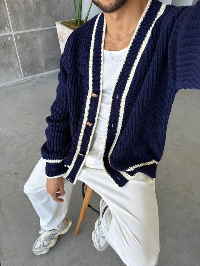 Oversize Old Money Şeritli Örme Hırka Laci-Ekru