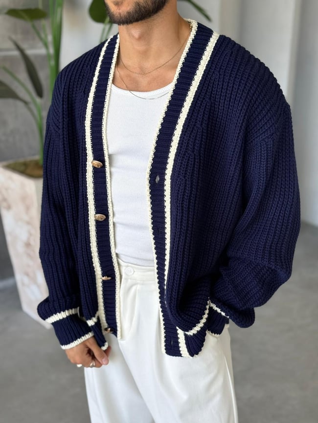 Oversize Old Money Şeritli Örme Hırka Laci-Ekru