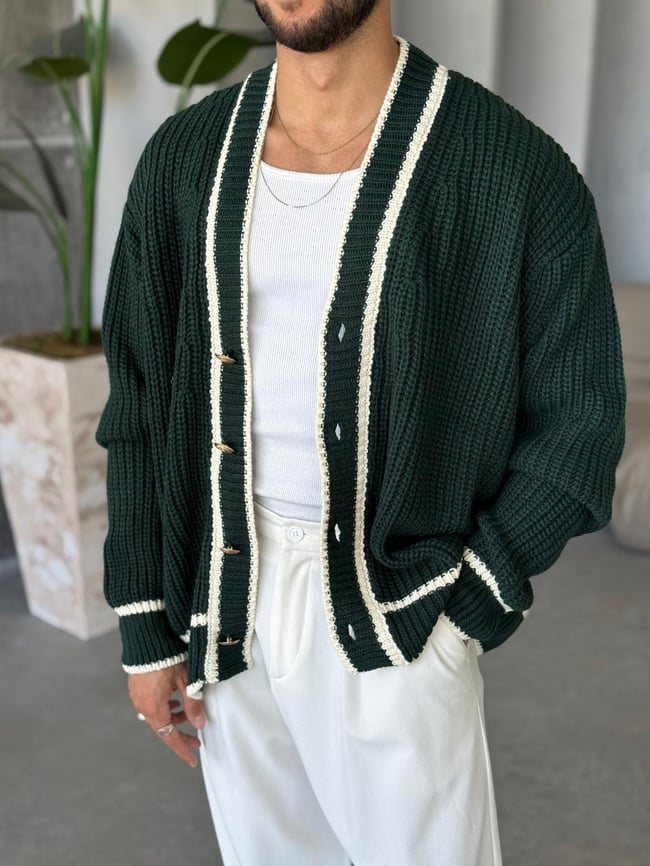 Oversize Old Money Şeritli Örme Hırka Yeşil-Ekru