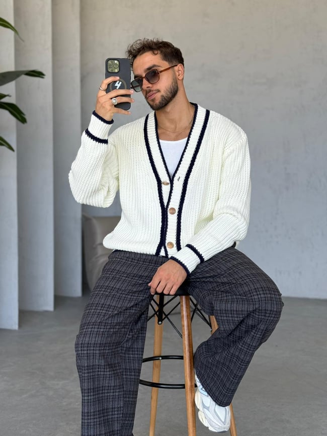 Oversize Old Money Şeritli Örme Hırka Ekru-Laci