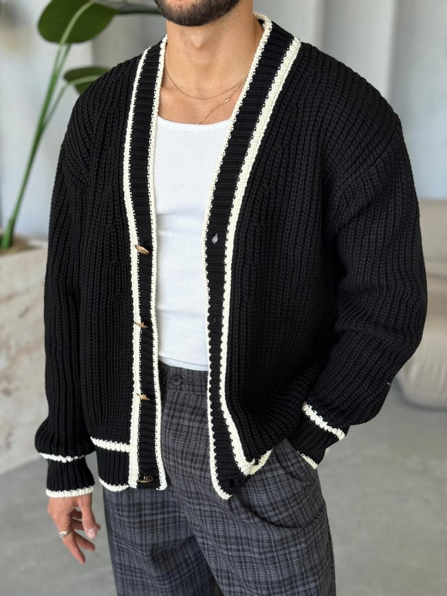 Oversize Old Money Şeritli Örme Hırka Siyah-Ekru