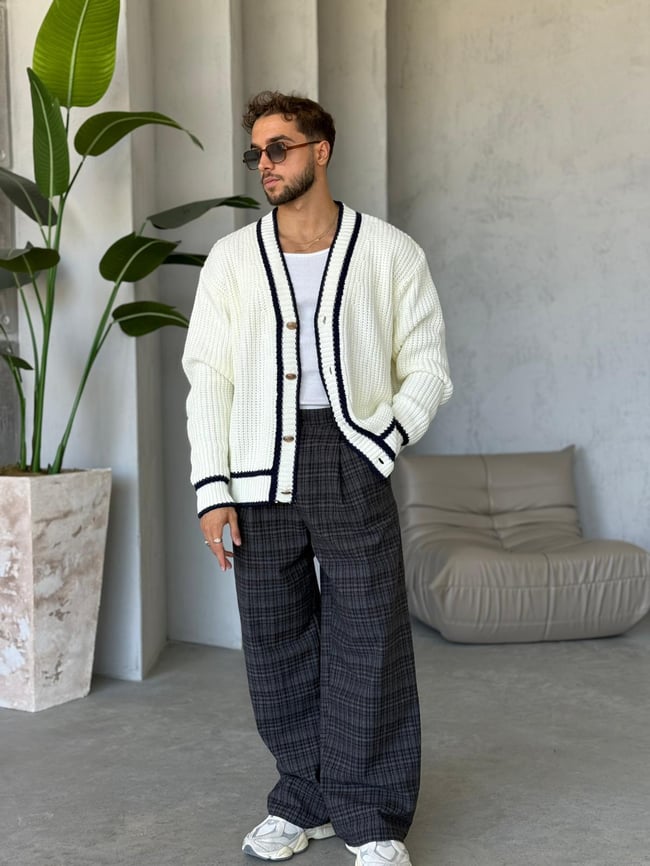 Oversize Old Money Şeritli Örme Hırka Ekru-Laci