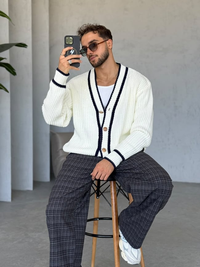 Oversize Old Money Şeritli Örme Hırka Ekru-Laci