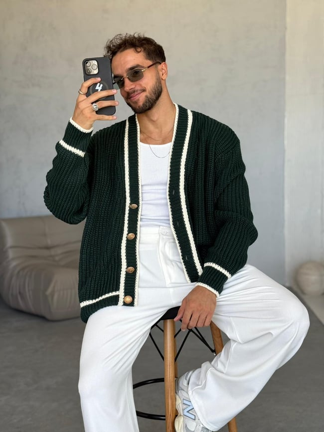 Oversize Old Money Şeritli Örme Hırka Yeşil-Ekru