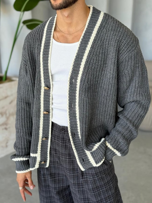 Oversize Old Money Şeritli Örme Hırka Gri-Ekru