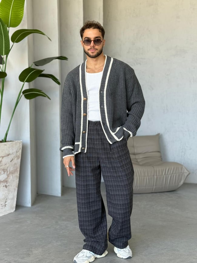 Oversize Old Money Şeritli Örme Hırka Gri-Ekru