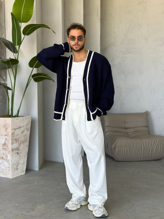 Oversize Old Money Şeritli Örme Hırka Laci-Ekru