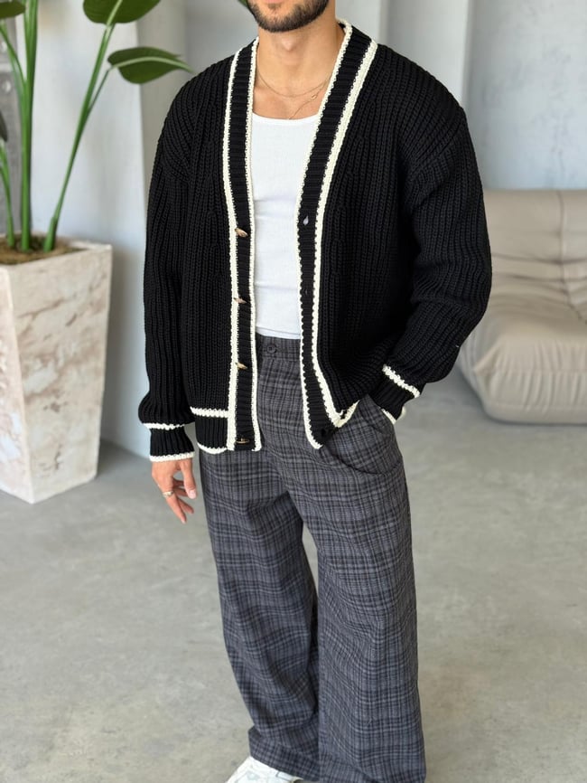 Oversize Old Money Şeritli Örme Hırka Siyah-Ekru