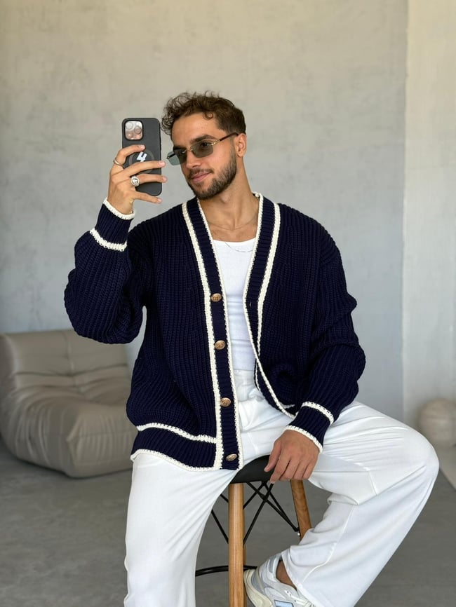 Oversize Old Money Şeritli Örme Hırka Laci-Ekru