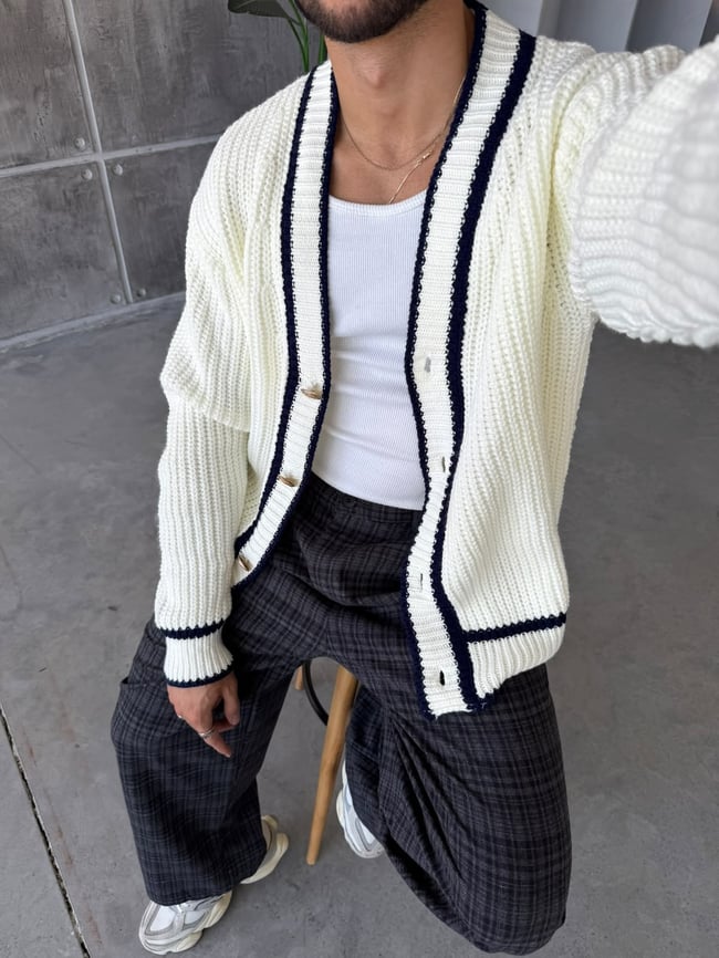 Oversize Old Money Şeritli Örme Hırka Ekru-Laci