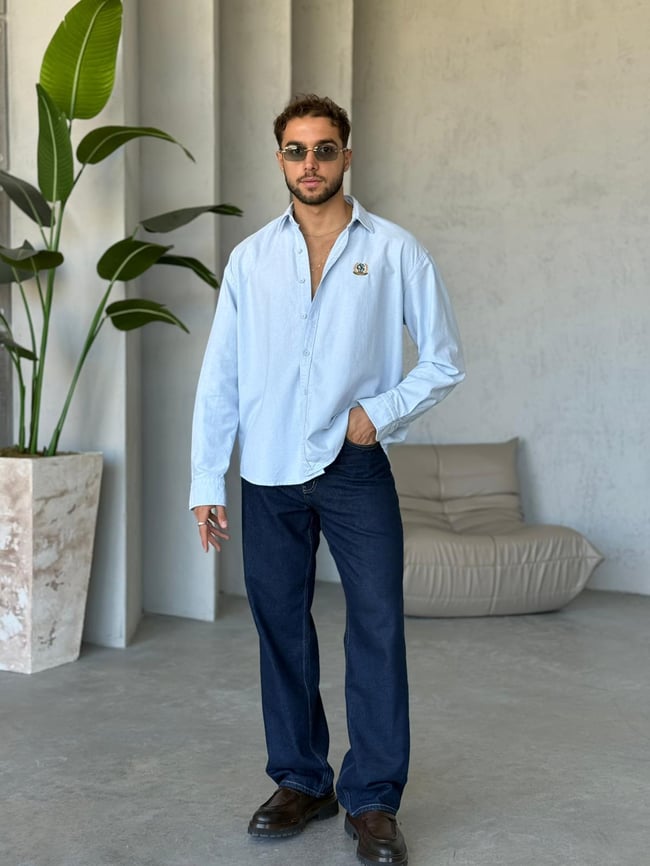 Oxford Herigate Nakışlı Oversize Gömlek Bebe Mavi