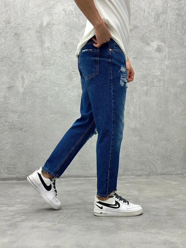 P419 Diz Yırtık Mavi Boyfriend Pantolon