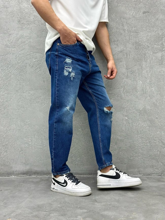 P419 Diz Yırtık Mavi Boyfriend Pantolon