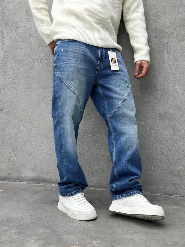 P524 Mavi Detaylı Baggy Pantolon R