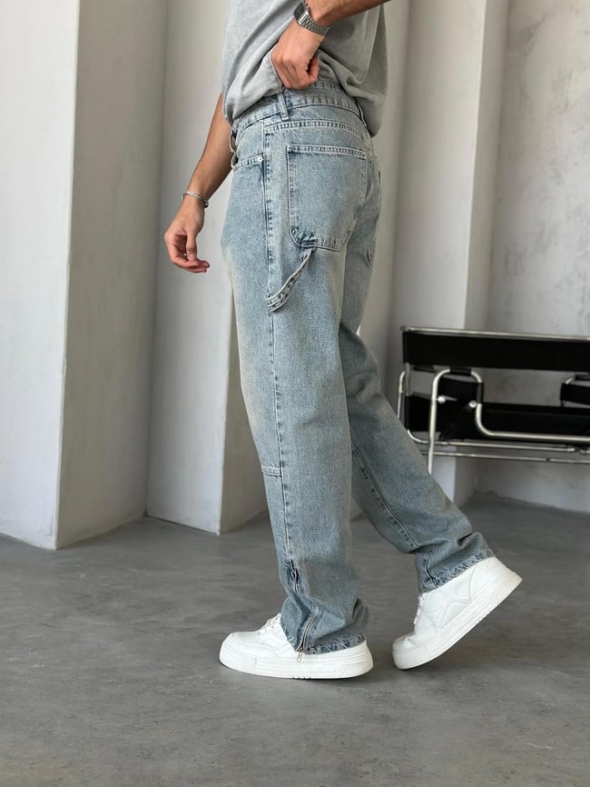P526 Yıkamalı Modern Tasarım Paça Fermuar Detaylı Baggy Pantolon W