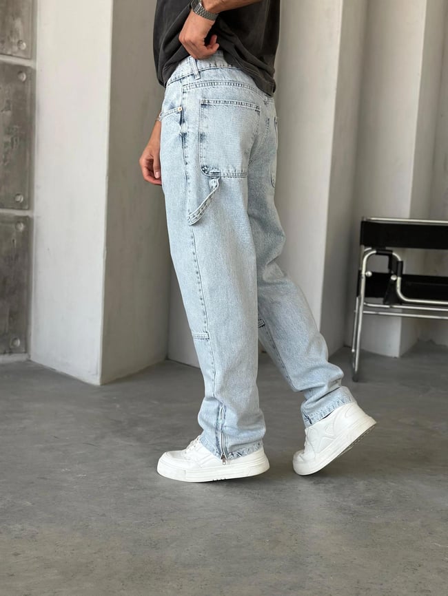 P527 Yıkamalı Mavi Modern Tasarım Paça Fermuar Detaylı Baggy Pantolon W