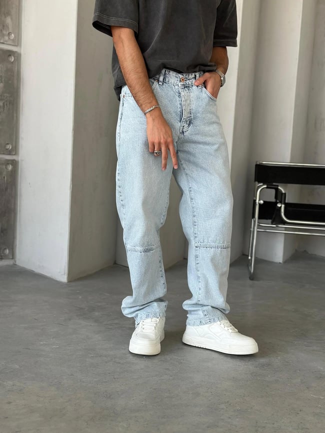 P527 Yıkamalı Mavi Modern Tasarım Paça Fermuar Detaylı Baggy Pantolon W