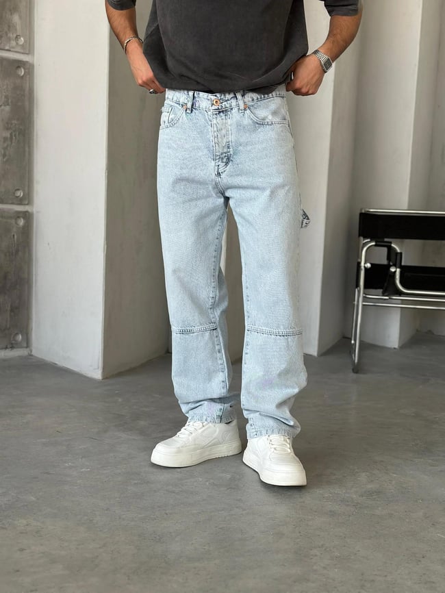 P527 Yıkamalı Mavi Modern Tasarım Paça Fermuar Detaylı Baggy Pantolon W