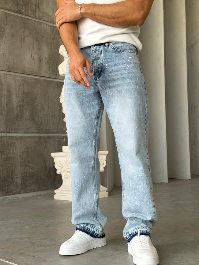 Paça Detaylı Boyalı Baggy Kot Pantolon-W