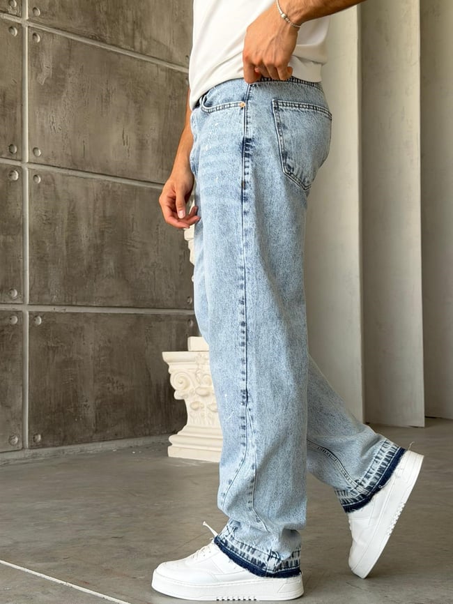 Paça Detaylı Boyalı Baggy Kot Pantolon-W