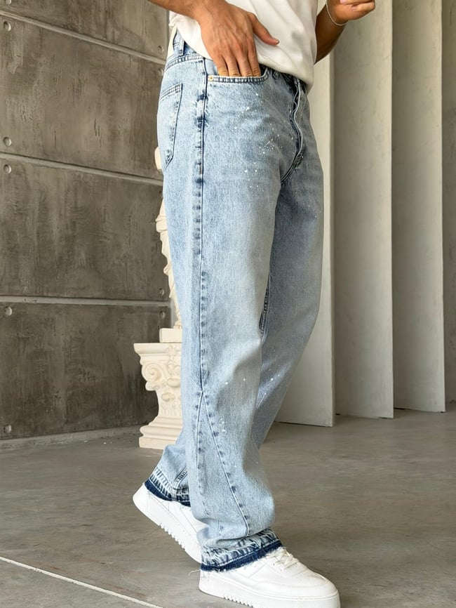 Paça Detaylı Boyalı Baggy Kot Pantolon-W