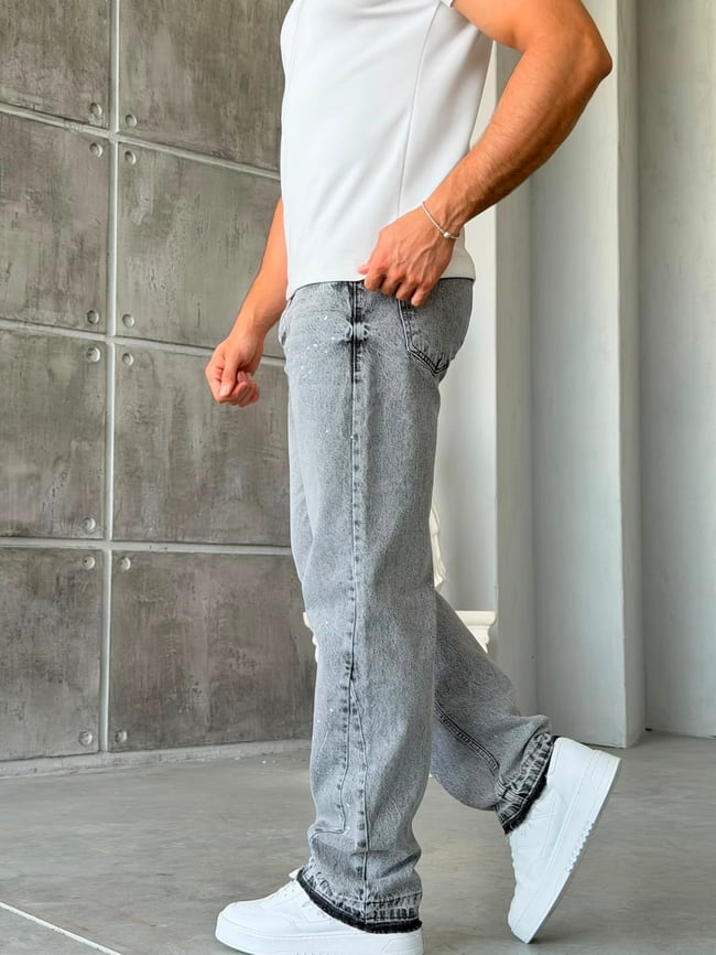 Paça Detaylı Boyalı Baggy Kot Pantolon Gri-W