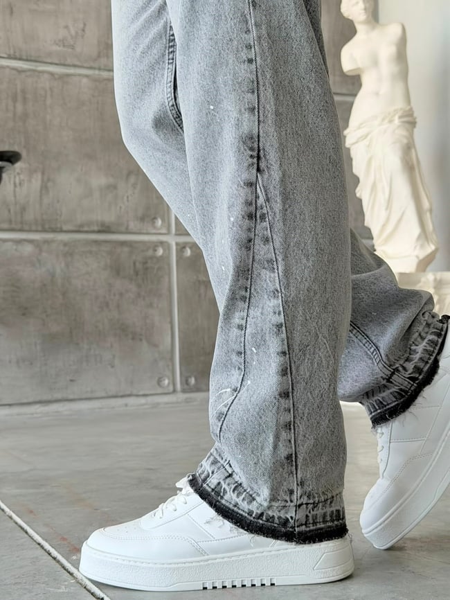 Paça Detaylı Boyalı Baggy Kot Pantolon Gri-W