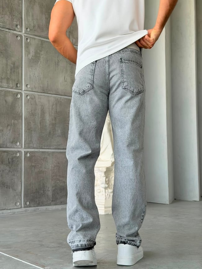 Paça Detaylı Boyalı Baggy Kot Pantolon Gri-W
