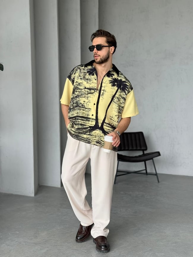 PALM Desenli Dubble Hürrem Kumaş Oversize Gömlek T