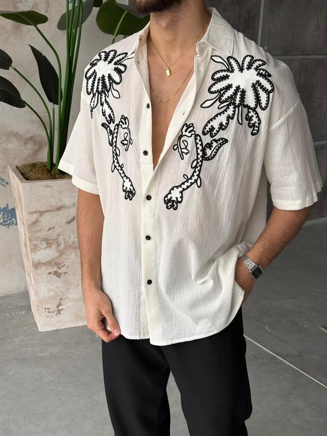 Palm Nakış Detaylı Oversize Keten Gömlek T - Ekru