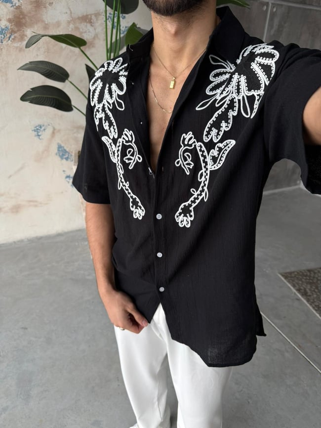 Palm Nakış Detaylı Oversize Keten Gömlek T - Siyah