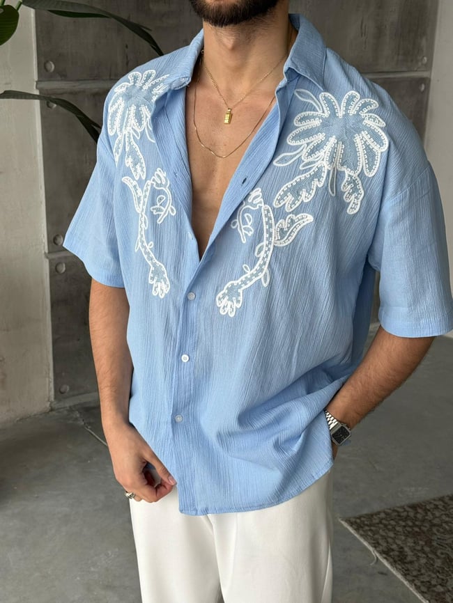 Palm Nakış Detaylı Oversize Keten Gömlek T - Bebemavi