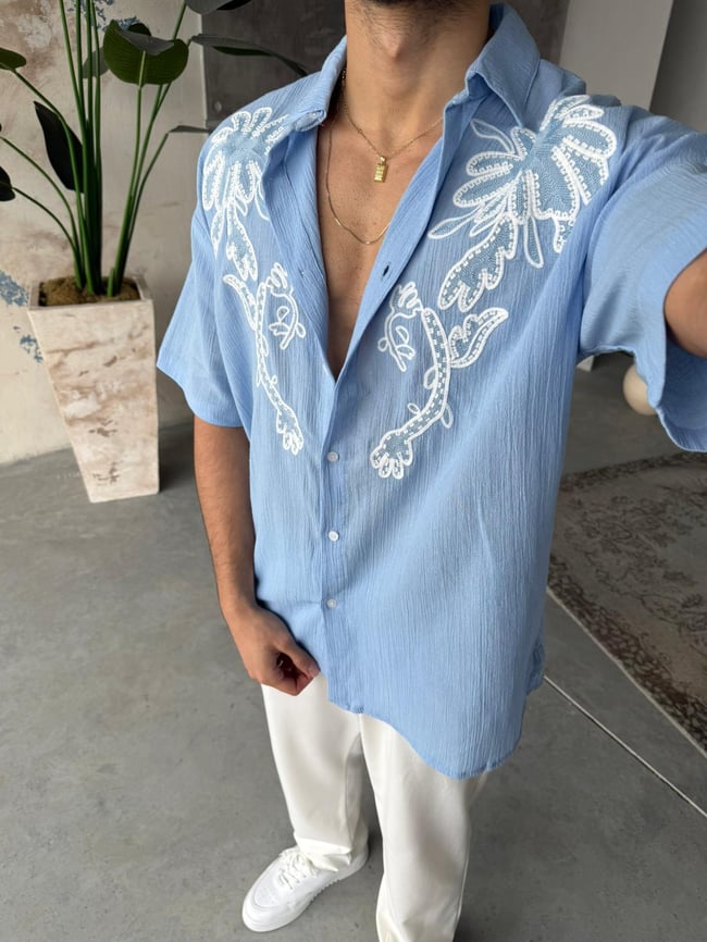Palm Nakış Detaylı Oversize Keten Gömlek T - Bebemavi