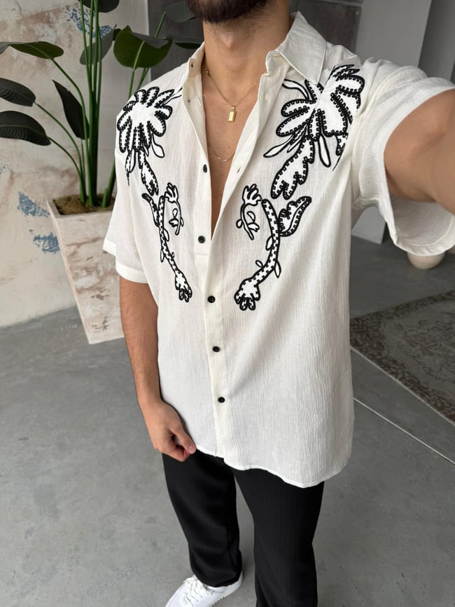Palm Nakış Detaylı Oversize Keten Gömlek T - Ekru