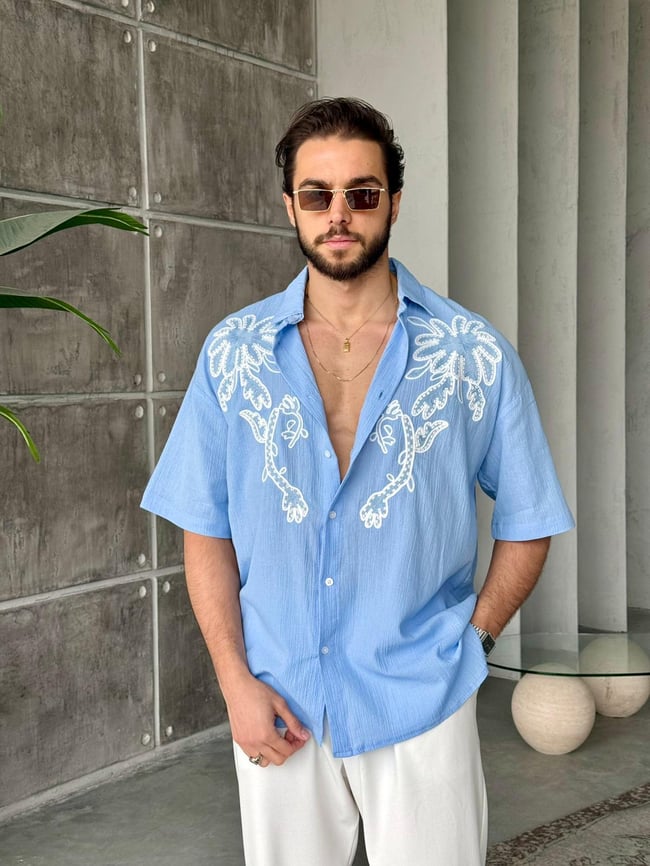 Palm Nakış Detaylı Oversize Keten Gömlek T - Bebemavi