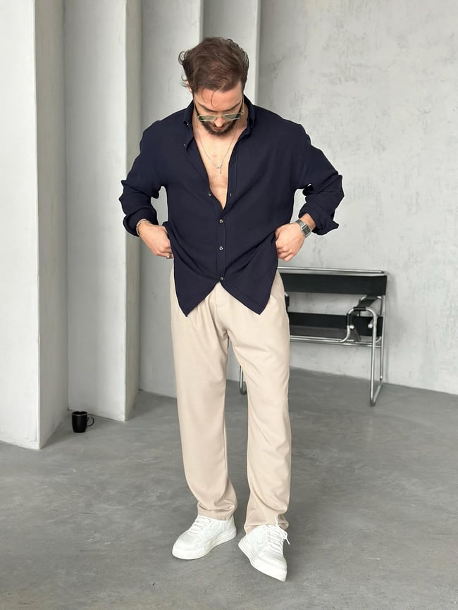 Pamuk Keten Oversize Gömlek Lacivert