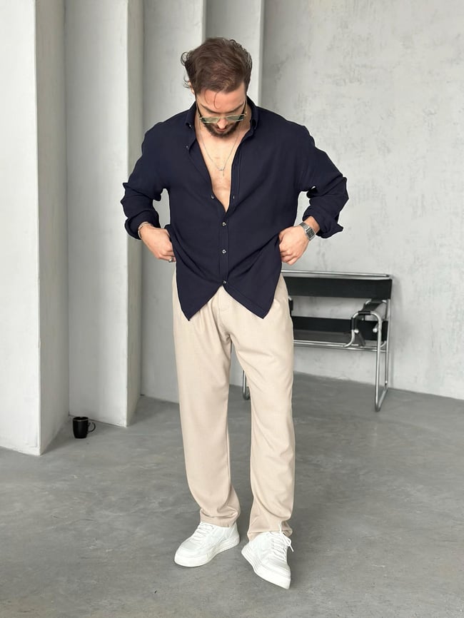 Pamuk Keten Oversize Gömlek Lacivert