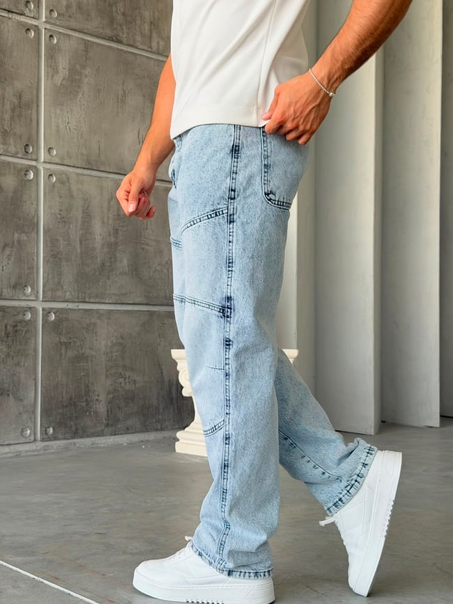 Parça Dikiş Detaylı Kar Yıkama Baggy Kot Pantolon-W