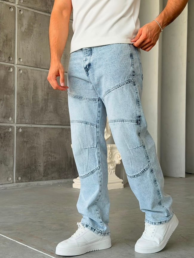 Parça Dikiş Detaylı Kar Yıkama Baggy Kot Pantolon-W