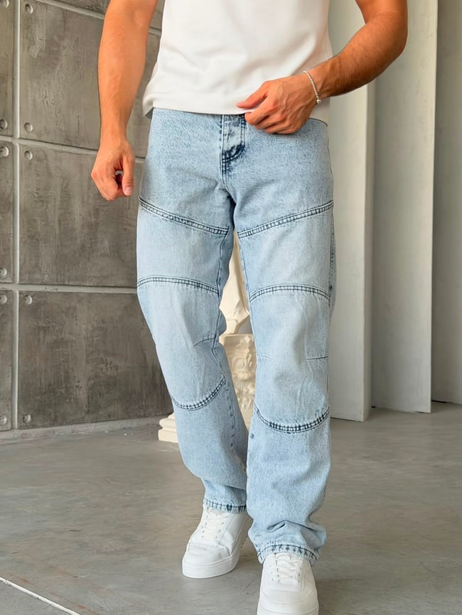 Parça Dikiş Detaylı Kar Yıkama Baggy Kot Pantolon-W