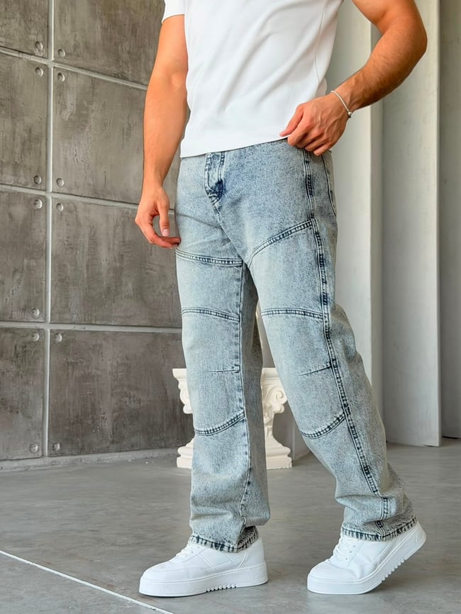 Parça Dikiş Detaylı Yıkamalı Baggy Kot Pantolon-W