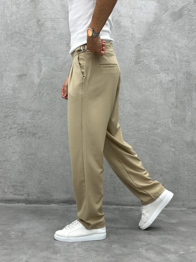 Pileli Bej Kumaş Pantolon W