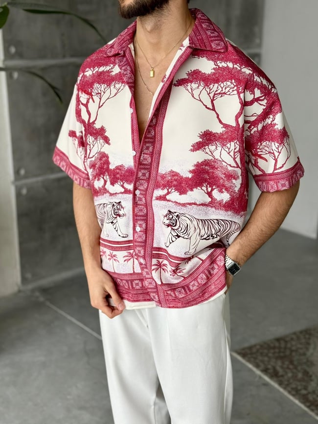 Pink Desenli Dubble Hürrem Kumaş Oversize Gömlek T