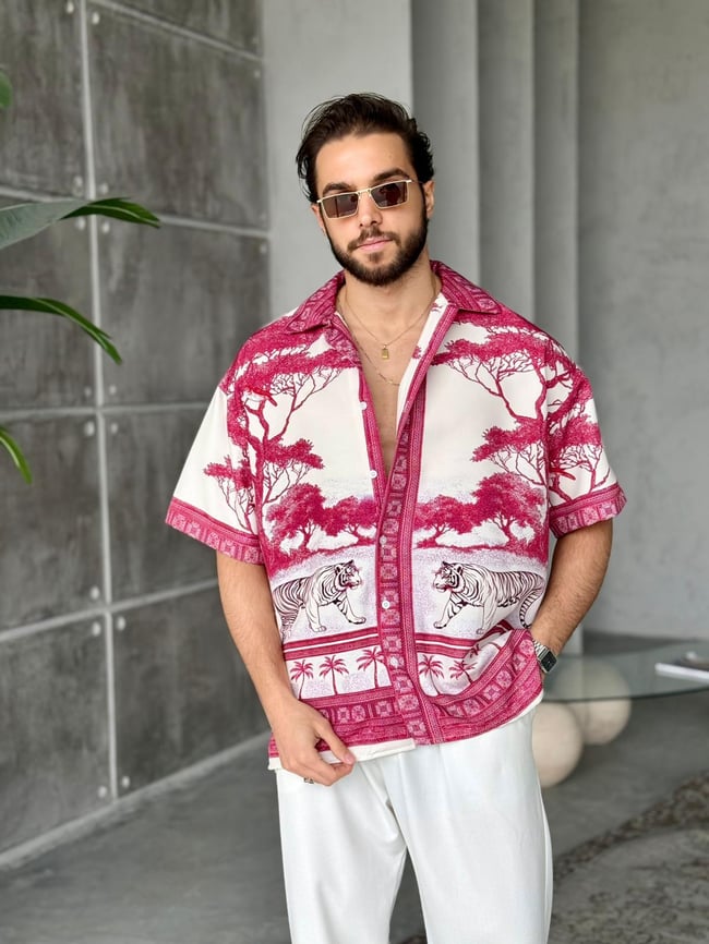 Pink Desenli Dubble Hürrem Kumaş Oversize Gömlek T
