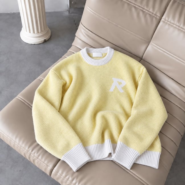 R Yazılı Premium Yıkama Dokulu Oversize Triko Sarı