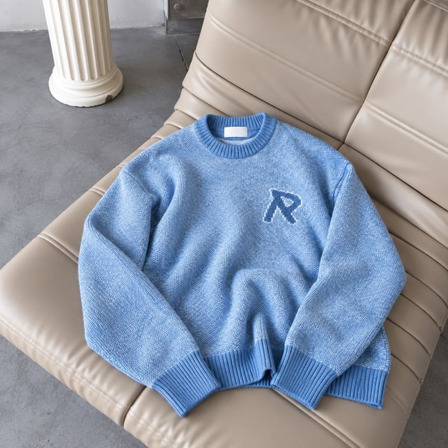 R Yazılı Premium Yıkama Dokulu Oversize Triko Mavi
