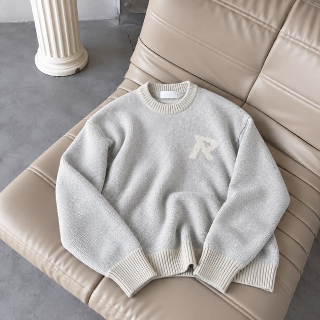 R Yazılı Premium Yıkama Dokulu Oversize Triko Gri