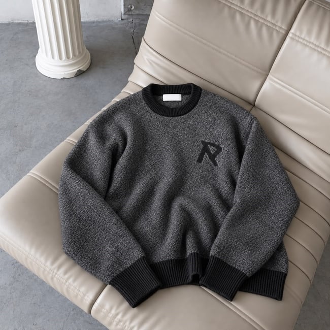 R Yazılı Premium Yıkama Dokulu Oversize Triko Siyah