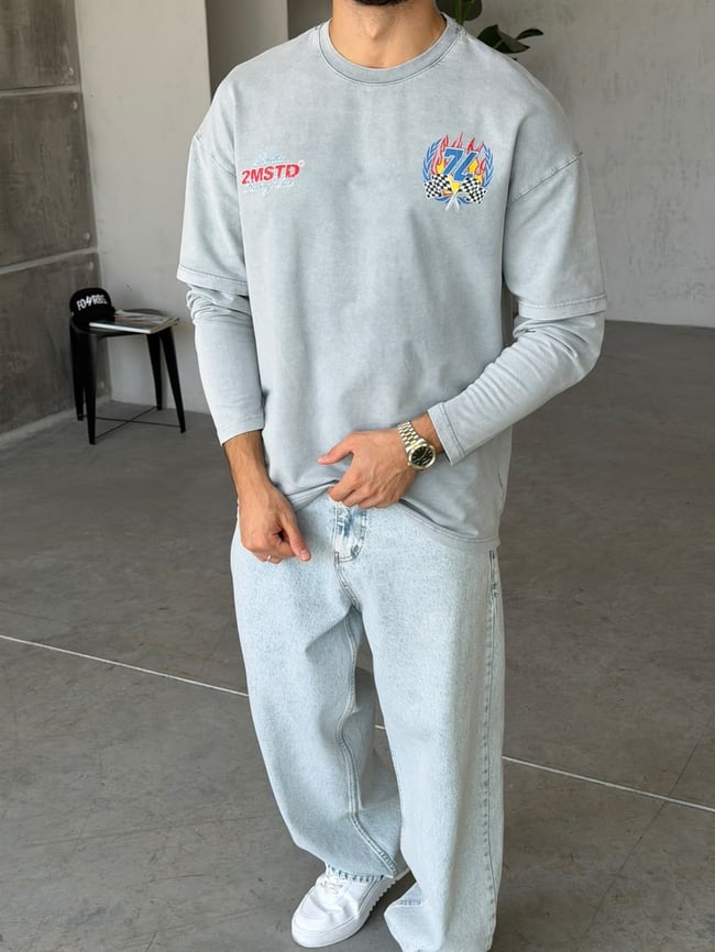 Racing Baskılı Yıkamalı Çift Kol Oversize Sweat T Gri